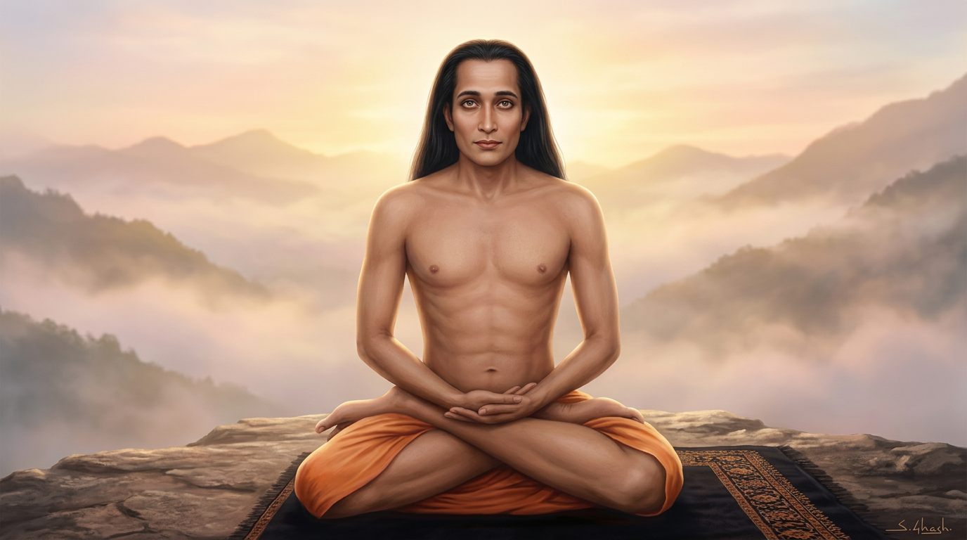 Mahavatar Babaji seated in meditation at dawn